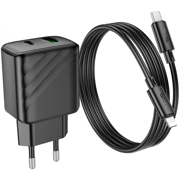 Зарядне мережеве Hoco CS23A 1USB/1USB-C PD/QC 30W швидка зарядка для телефону/смартфону для iOS пристроїв iPhone/iPad/iPod + кабель Type-C - Lightning Чорний - зображення 3