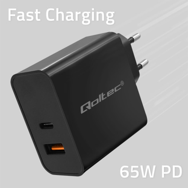 Ładowarka sieciowa Qoltec Super Quick PD Charger USB-C USB-A 65W 5-20V 1.5-3.25A Black - obraz 4