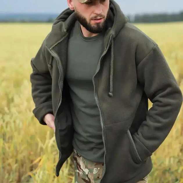 Куртка тактическая с капюшоном мужская из плотного флиса и шерпа плотностью 550г/м2 Grizli Олива 58 - изображение 2