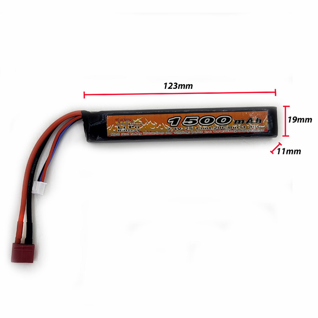 Акумулятор LiPo 7.4V 1500mah - stick 20-40C моноблок Т-конектор (VBPower) (для страйкболу) - зображення 1