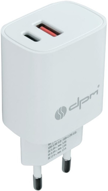 Мережевий зарядний пристрій DPM 2 x USB (A+C) QuickCharge білий (5906881212646) - зображення 1