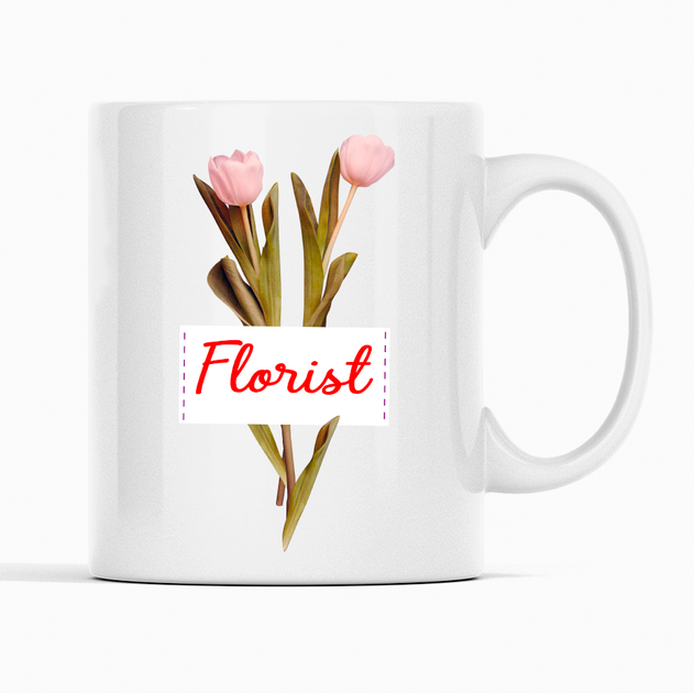 Белая кружка (чашка) с оригинальным принтом "Florist. Флорист. Красная надпись. Тюльпаны" К001665 - Фото 1 Белая кружка (чашка) с оригинальным принтом "Florist. Флорист. Красная надпись. Тюльпаны" К001665 - изображение 1