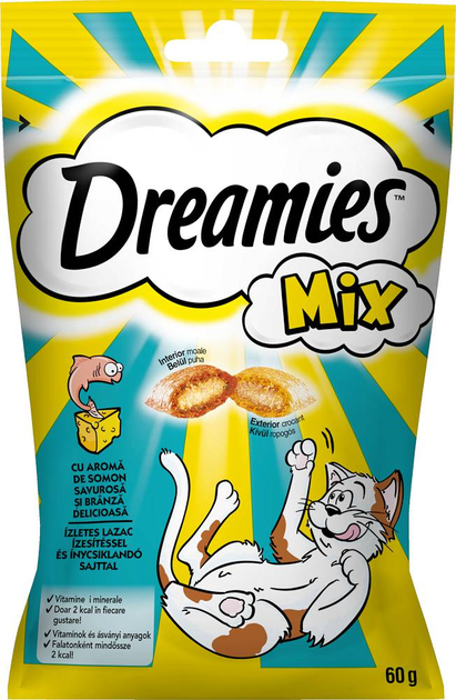  Ласощі для котів Dreamies зі смаком сиру та лосося 60 г (5998749130445) - зображення 1