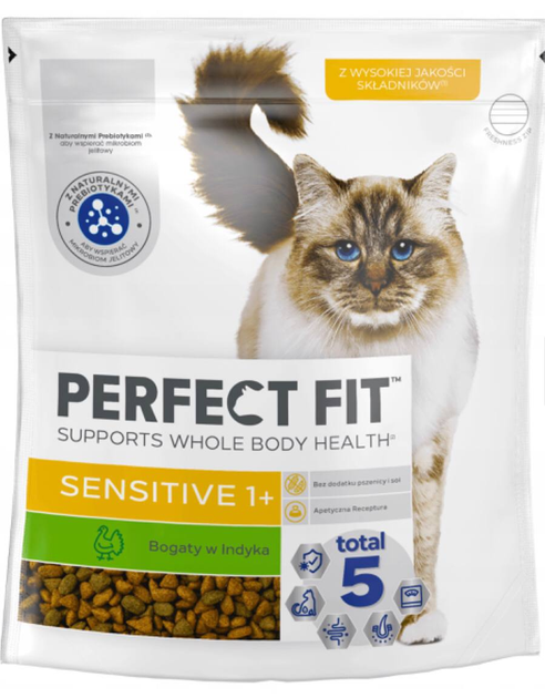 Sucha karma dla dorosłych kotów Perfect Fit Sensitive 1+ z indykiem 750 g (5900951307652) - obraz 1