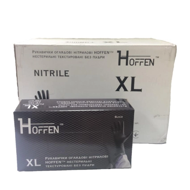 Перчатки обзорные нитриловые HOFFEN black нестерильные текстурированные без пудры размер XL (ящик 10 пачок) - изображение 1