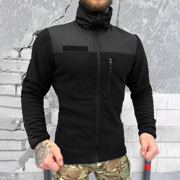 Мужская флисовая кофта с вставками из плащевки / Флиска с липучкой черная размер XL - изображение 1