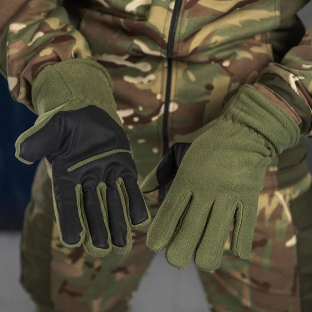Усиленные Флисовые Перчатки с кожаными накладками олива размер универсальный - изображение 1