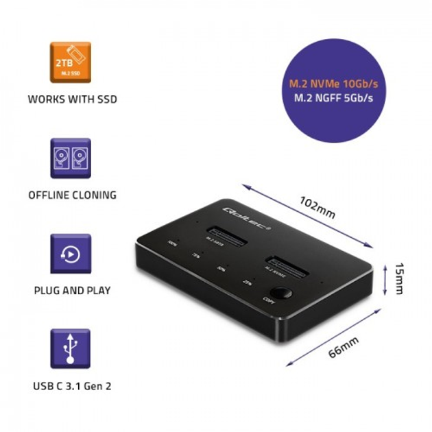 Stacja dokująca Qoltec SSD M.2 SATA PCIe NVMe USB-C DUAL Black - obraz 5