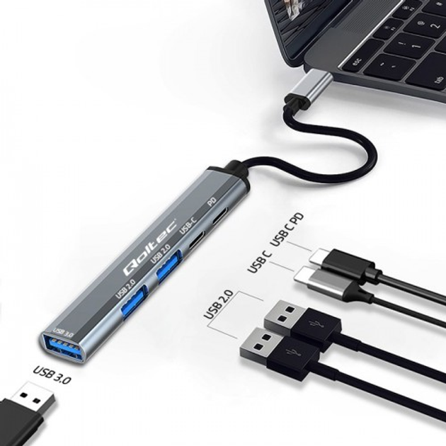 USB-хаб Qoltec Hub Adapter 5 in 1 USB-C USB 2.0 USB 3.0 Grey - зображення 4