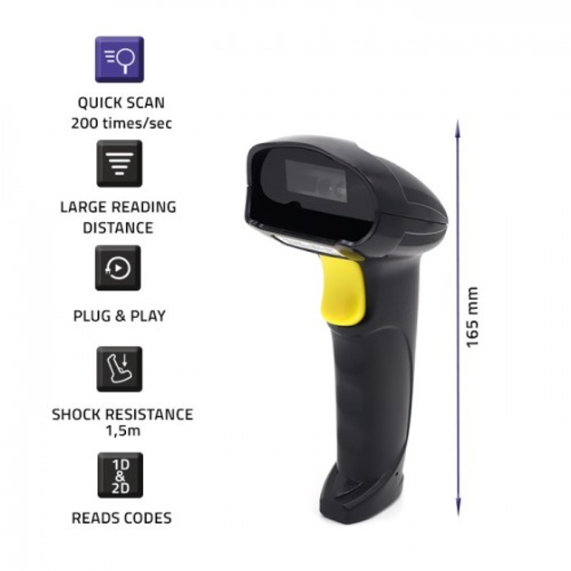 Сканер штрих-кодів Qoltec Laser barcode scanner 1D 2D Black - зображення 5