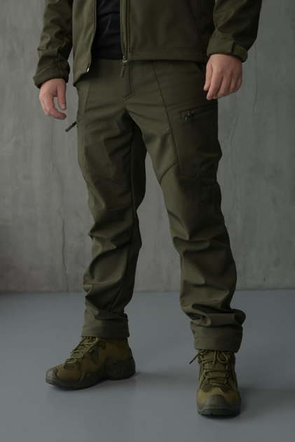Чоловічі штани SoftShell для НГУ оливковий колір на флісі із високою посадкою / Вітро та водозахисні штани S - зображення 1