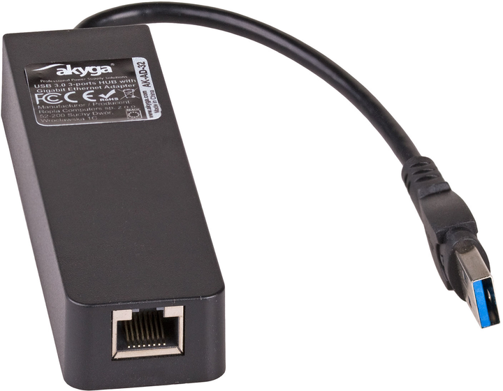 Hub USB Akyga AK-AD-32 USB 3.0 3-port + Ethernet Black - obraz 2