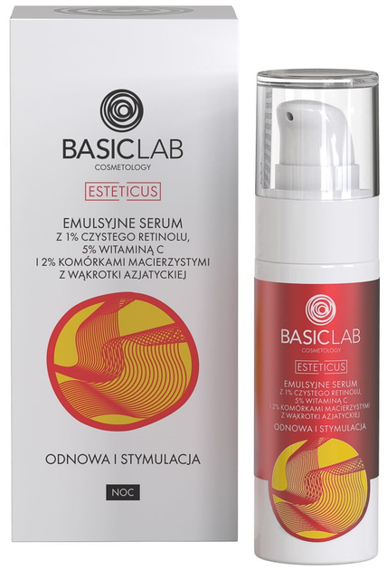 Serum BasicLab Esteticus emulsyjny z 1 % czystego retinolu 5 % witaminą C i 2 % komórkami macierzystymi z wąkrotki azjatyckiej 30 ml (5907637951802) - obraz 1