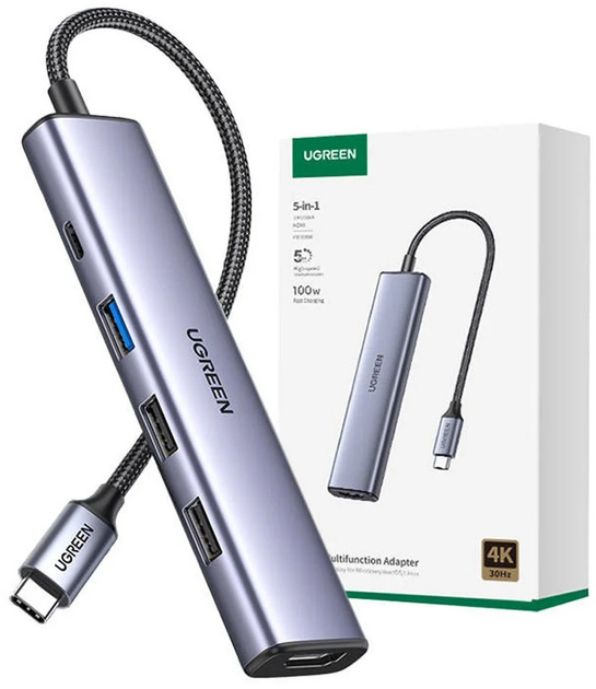 Адаптер Ugreen CM478 USB Type-C HDMI, USB 3.0*4 Gray 15495 (6941876214952) - зображення 2