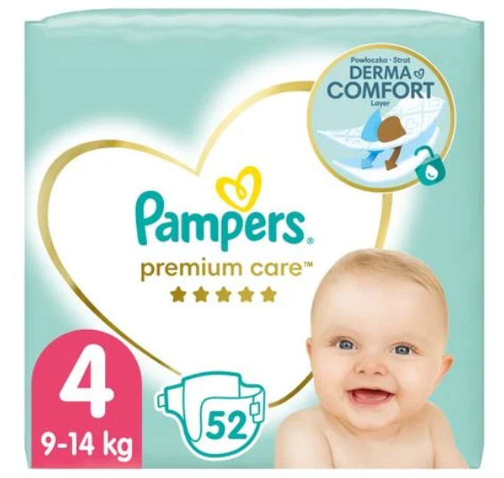 Підгузки Pampers Premium Care Розмір 4 (9-14 кг) 52 штуки - Фото 1 Підгузки Pampers Premium Care Розмір 4 (9-14 кг) 52 штуки - зображення 1