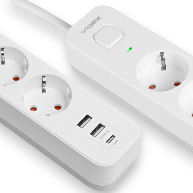 Мережевий подовжувач 3 м 3 гнізда з 2USB + USB-C заземленням і кнопкою VIDEX VF-PD33G2U1C-W - Фото 2 Мережевий подовжувач 3 м 3 гнізда з 2USB + USB-C заземленням і кнопкою VIDEX VF-PD33G2U1C-W - зображення 2