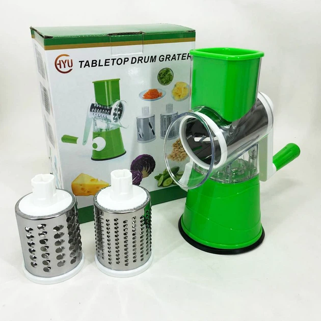 Овощерезка мультислайсер Tabletop Drum Grater Kitchen Master Терка для овощей и фруктов 3 насадки. Цвет: зеленый - Фото 6 Овощерезка мультислайсер Tabletop Drum Grater Kitchen Master Терка для овощей и фруктов 3 насадки. Цвет: зеленый - изображение 6