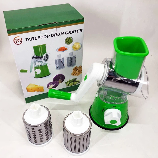 Овощерезка мультислайсер Tabletop Drum Grater Kitchen Master Терка для овощей и фруктов 3 насадки. Цвет: зеленый - Фото 5 Овощерезка мультислайсер Tabletop Drum Grater Kitchen Master Терка для овощей и фруктов 3 насадки. Цвет: зеленый - изображение 5