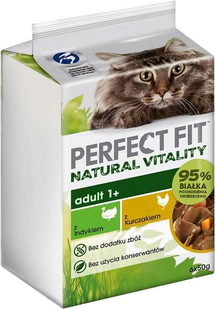  Вологий корм для котів Perfect Fit Natural Vitality Adult 1+ з індичкою та куркою 6 х 50 г (4770608259600) - зображення 1