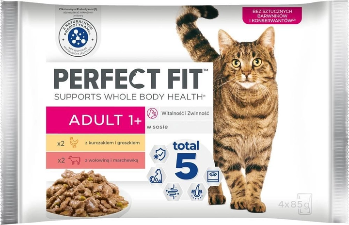  Вологий корм для котів Perfect Fit Adult 1+ з куркою та яловичиною 4 х 85 г (8410136010361) - зображення 1