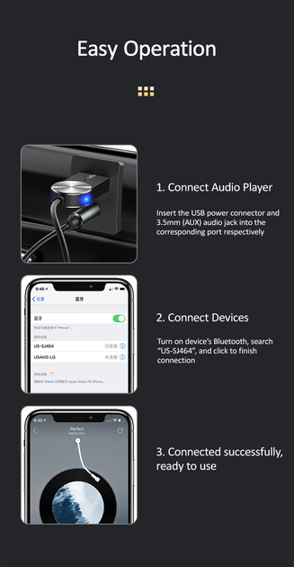 Bluetooth-адаптер Usams US-SJ464 Car Wireless Audio Receiver USB-A + AUX to Bluetooth 5.0 Tarnish (SJ464JSQ01) - изображение 8