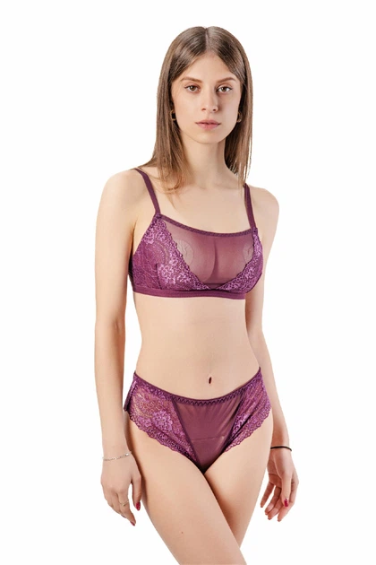 Комплект женский кружевной топ и трусики-бразилиана Felisiya Lingerie Сливовое вино 2009+209-076с L - изображение 4