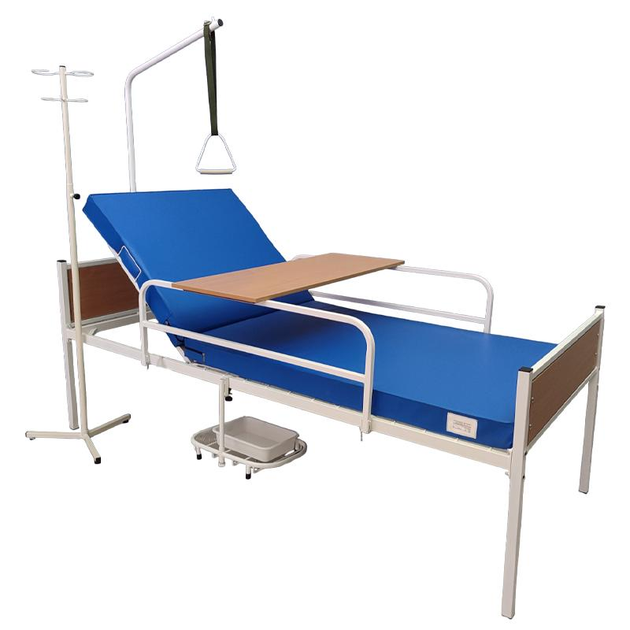 Ліжко медичне функціональне Riberg АНС-11-02 з електроприводом із матрацом бічними поручнями столиком приліжковою трапецією підставкою під судно і штативом для крапельниці - зображення 1