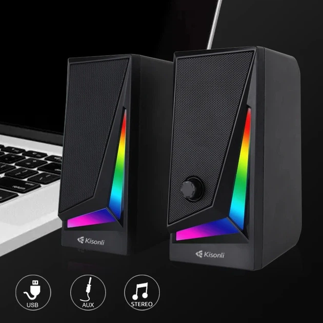 Колонки компьютерные с RGB подсветкой Kisonli 100MG питание от USB, 2 х 5Вт - Фото 2 Колонки компьютерные с RGB подсветкой Kisonli 100MG питание от USB, 2 х 5Вт - изображение 2