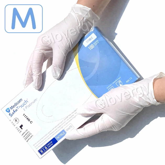 Рукавички нітрилові Medicom SafeTouch Advanced Platinum розмір M білого кольору 100 шт - зображення 1