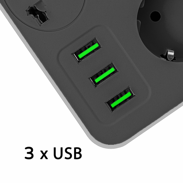 Сітковий фільтр XOKO SP-3-3-1, 2 м, 3 EU розетки, 1 міжнародна розетка, 3 USB сірий - Фото 2 Сітковий фільтр XOKO SP-3-3-1, 2 м, 3 EU розетки, 1 міжнародна розетка, 3 USB сірий - зображення 2