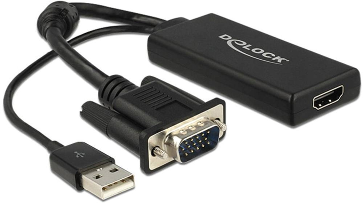 Adapter DeLock VGA - HDMI z dźwiękiem 0.25 m + złącze USB typu A 0.25 m Black (4043619626687) - obraz 1