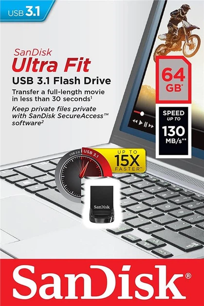 Накопичувач SanDisk 64GB USB 3.1 Type-A Ultra Fit Чорний (SDCZ430-064G-G46) - зображення 2