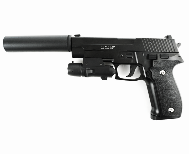 Детский страйкбольный пистолет Colt G.26A металлический с глушителем и прицелом Galaxy G.26A Черный - изображение 1