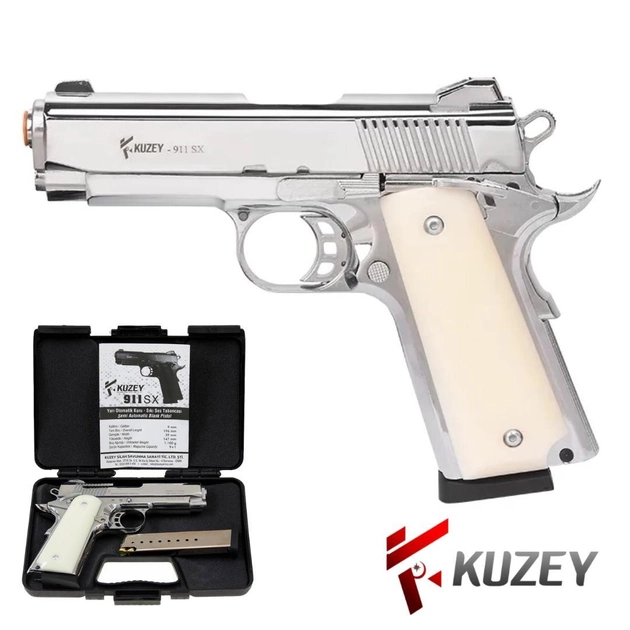 Стартовый пистолет Colt 1911, KUZEY 911-SX#3 Shiny Chrome Plating/White Grips, Сигнальный пистолет под холостой патрон 9мм, Шумовый - изображение 1