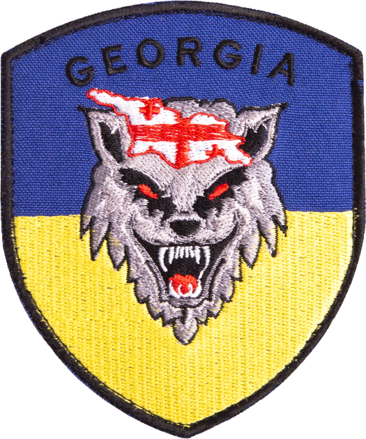 Шеврон на липучці IDEIA Грузія, вовк на фоні прапора України 8х10 см (2200004303567) - зображення 1