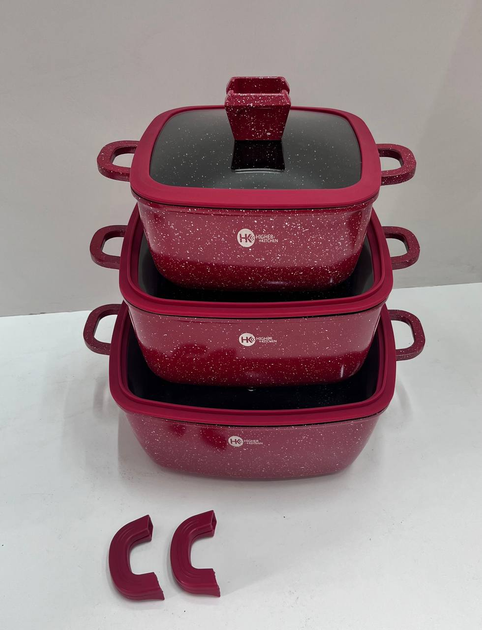 Набір квадратних каструль з гранітним антипригарним покриттям Higher Kitchen HK-32 червоні - Фото 1 Набір квадратних каструль з гранітним антипригарним покриттям Higher Kitchen HK-32 червоні - зображення 1