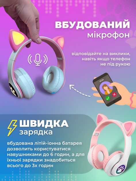Беспроводные наушники детские Cat Ear с кошачьими ушками и встроенным ...