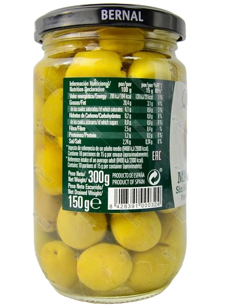 Оливки зеленые испанские Мансанилья Bernal без косточки со вкусом анчоусов Aceitunas Manzanilla sabor anchoa 300 г - изображение 2