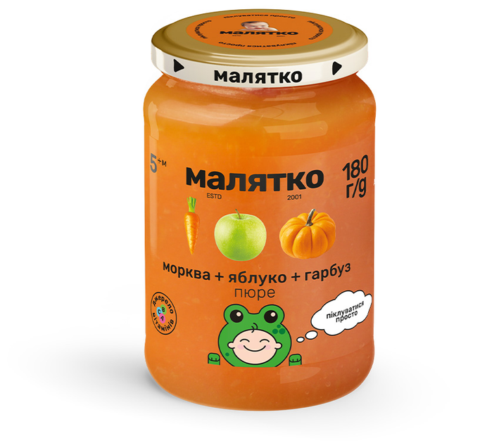Упаковка дитячого пюре Малятко Морква-гарбуз-яблуко з цукром гомогенізоване 180 г х 8 шт (4820123510707) - зображення 2