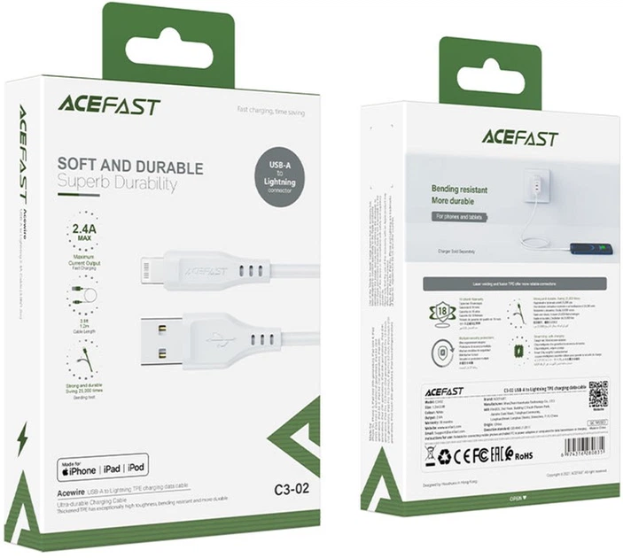 Кабель Acefast C3-02 USB to iP 2.4A 1.2 м TPE TPE connectors White (AFC3-02W) - Фото 2 Кабель Acefast C3-02 USB to iP 2.4A 1.2 м TPE TPE connectors White (AFC3-02W) - изображение 2