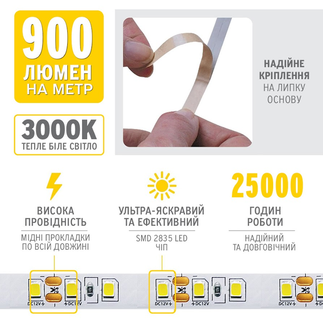 Світлодіодна стрічка ELM SMD2835 120LED 10м 9Вт 3000К 12В IP20 (19-0009-10) - зображення 2