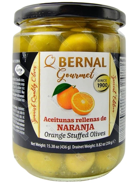 Оливки зелені іспанські Мансанілья Bernal Aceitunas rellenas de naranja фаршировані апельсиновою пастою 436 г - Фото 2 Оливки зелені іспанські Мансанілья Bernal Aceitunas rellenas de naranja фаршировані апельсиновою пастою 436 г - зображення 2