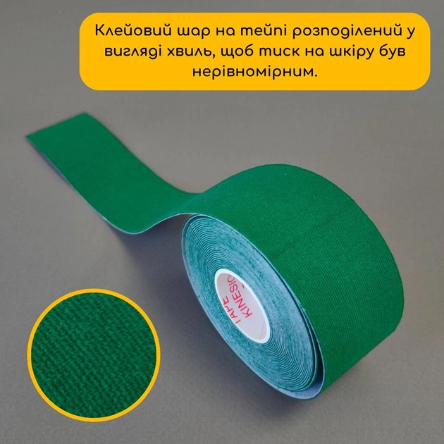 Кінезіо тейп стрічка пластир для кінезіологічного тейпування м'язів ніг спини шиї тіла 5 м х 3,8 см Kinesio tape зелений АН074 - зображення 2