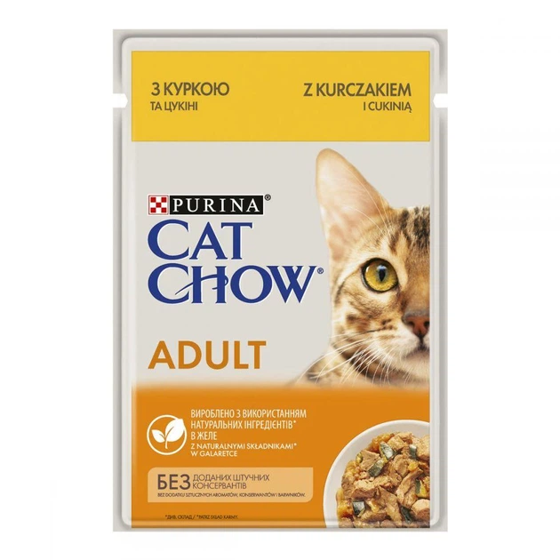 Влажный корм для кошек CAT CHOW с курицей и кабачками 85г - Фото 1 Влажный корм для кошек CAT CHOW с курицей и кабачками 85г - изображение 1