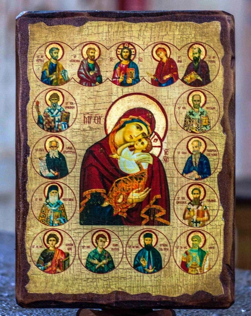 Ікона Богородиця з Предстоящими (на дереві під старовину 170*230 мм) - Фото 1 Ікона Богородиця з Предстоящими (на дереві під старовину 170*230 мм) - зображення 1
