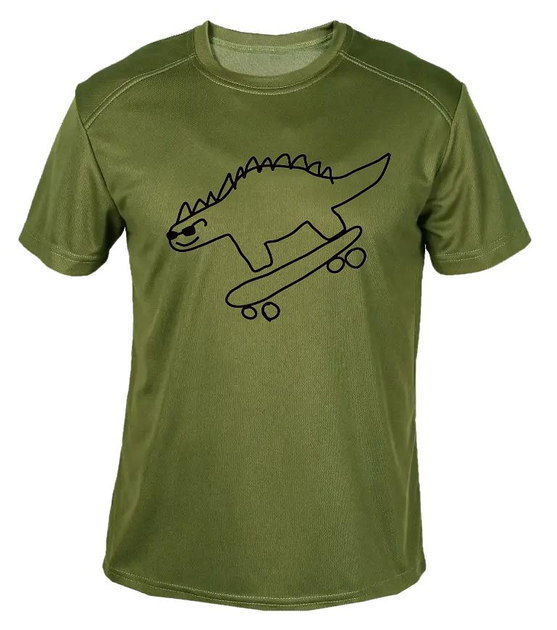Футболка потовідвідна армійська ЗСУ з принтом "Динозавр на скейті" в оливі M - зображення 1