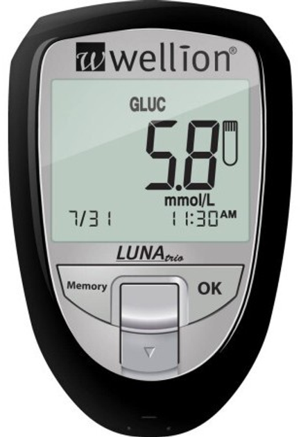 Набор для тестирования уровня глюкозы, холестерина и мочевой кислоты в крови Wellion LUNA Trio черный, ммоль - изображение 1