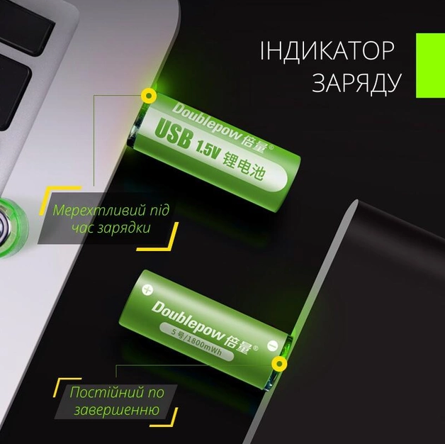 Комплект 2 шт. литиевых аккумуляторов (батареек) Doublepow AA 1800 mWh Li-ion 1.5 V с возможностью USB-зарядки (ММ) 21185 - изображение 3
