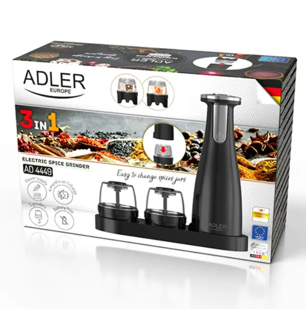 Набір із 3 млинів для спецій Подрібнювач Adler AD 4449 USB black - зображення 3