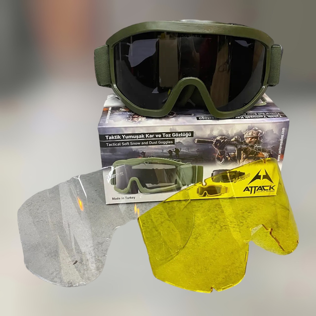Маска тактическая ATTACK + 2 сменных стекла, очки тактические, цвет Олива - изображение 1